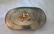 Vintage Gold Horse Head Oval Belt Buckle Nickel Silver Engraved Arizona Western