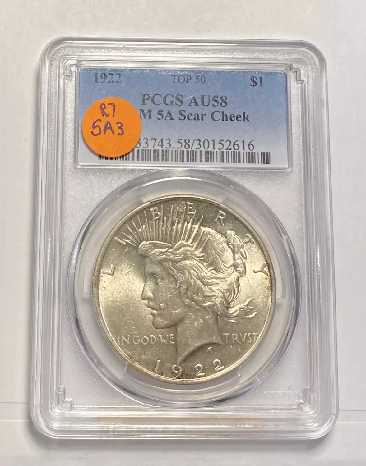 Peace Silver Dollar 1922 P PCGS AU-58 VAM 5A