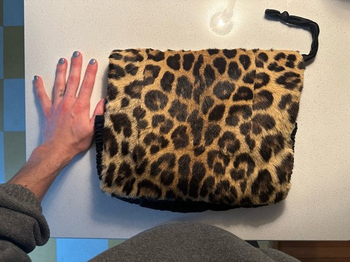 Vintage Real Fur Animal Print Muff Hand Warmer With Zipper Pouch