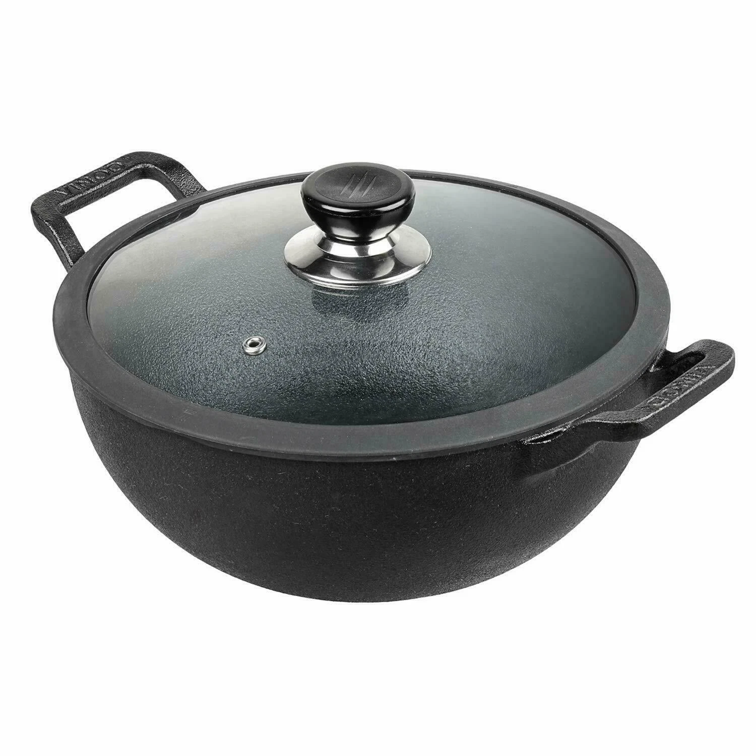 Vinod Legacy Pre-Seasoned Cast Iron Kadai, Wok, 24 cm, Induction Friendly, Black