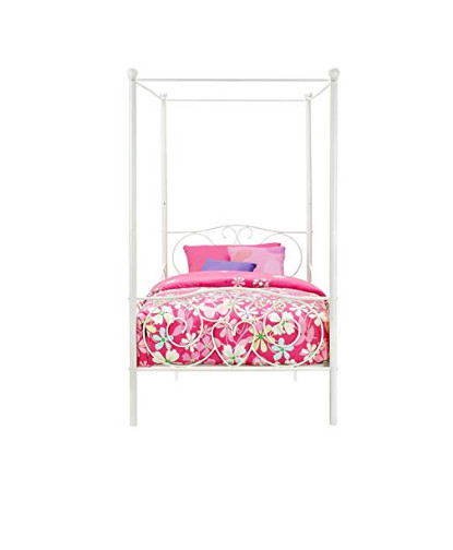 Twin Canopy Bed For Girls White Metal Frame Headboard Teen Child Kids Bedroom