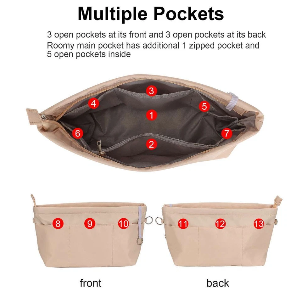 Organizador de bolsa de nailon con múltiples bolsillos con inserción organizador de cartera para varios bolsos de mano Foto 3 de 4