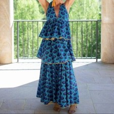 RHODE NWT Leela Dress Blue Ikat Print Chanderi Tiered Tie Neck Midi Dress- M