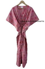 Flower Print Baby Pink Cotton Loose Short Sleeve Hippie Free Size Caftan Dress
