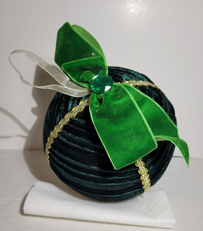 Large Green Velvet Round Christmas Ornament  6" Bow Rhinestone