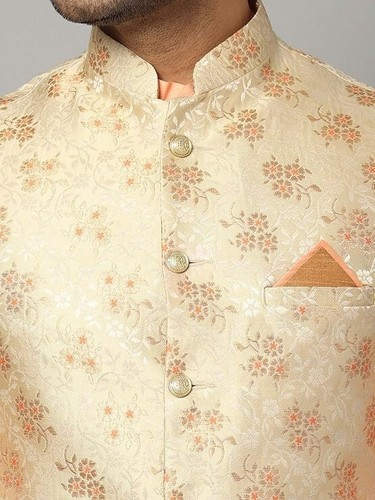 Men's Silk Blend Kurta & Churidar Pyjama With Ethnic Bundi Jacket | 3 In 1 | - Imagen 165 de 182