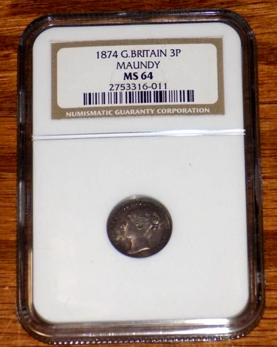 GREAT BRITAIN 1874 3 Three Pence Silver NGC MS 64 Queen Victoria Maundy 3P Coin