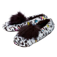 Claire's Reversible Sequin Rainbow Leopard Slippers with Fuzzy Pom Size S/M