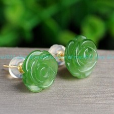 Hand Carved Green Jade Rose Flower Floral Healing Dainty Stud Earrings for Women