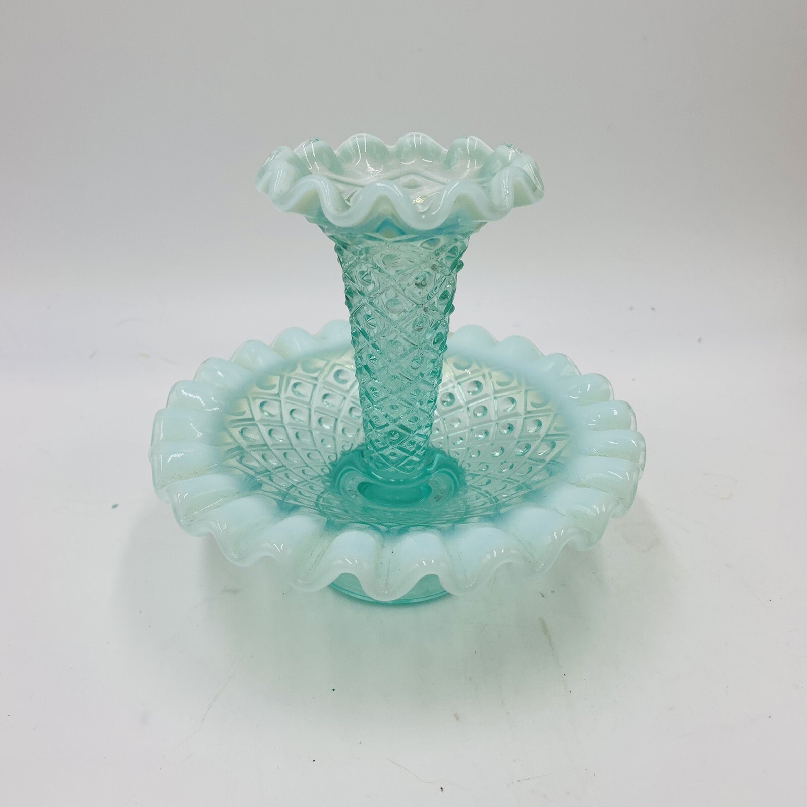 FENTON ART GLASS SINGLE ONE HORN MINI GREEN EPERGNE DIAMOND & LACE