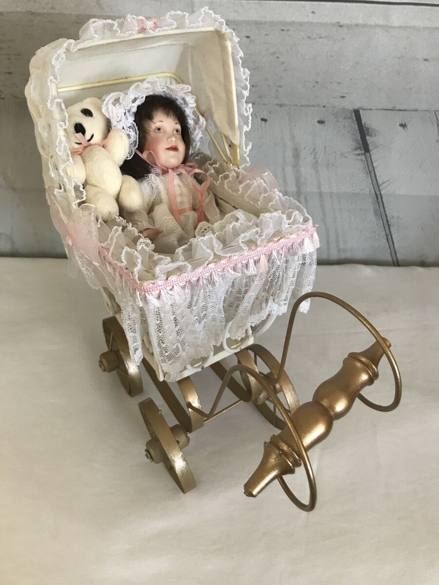 Vintage Wicker Baby Doll Stroller and Adult Face Baby Vintage Wicker Baby Doll Stroller and Adult Face Baby