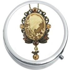 Bronze Cameo Medicine Vitamin Compact Pill Box