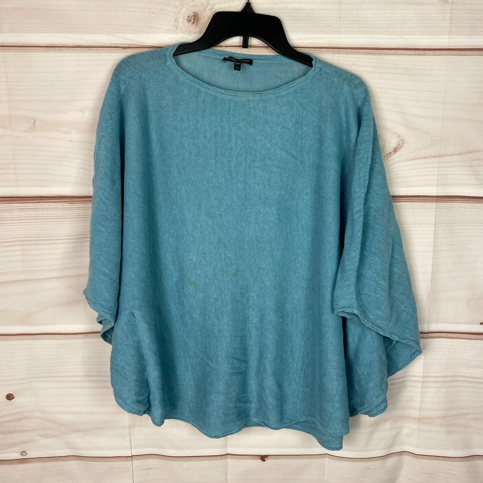 Eileen Fisher Sweater Womens M Blue Linen Poncho Pullover Boat Neck Lightweight