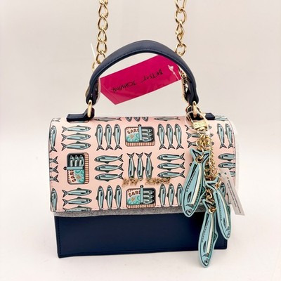 Betsey Johnson Sardine Tinned Fish Print Pink Navy Crossbody Satchel Bag New