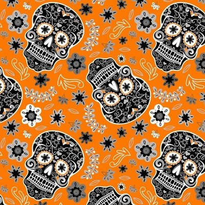 David Textiles 1 Yard Precut Sugar Skulls 100% Cotton Quilt Fabric Orange Black 