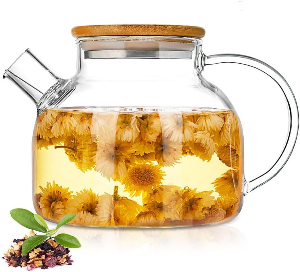 Glass Teapot 34Oz/1000Ml, Stovetop & Microwave Safe Borosilicate Tea Pot,Clear
