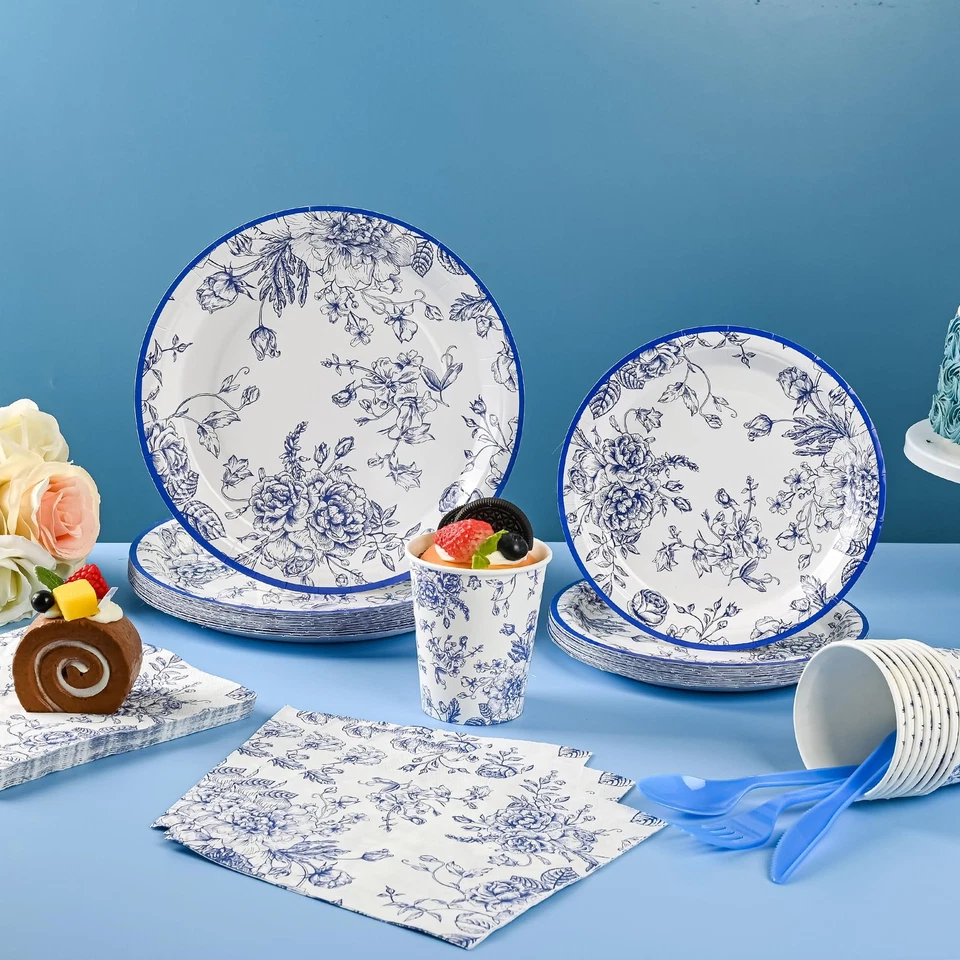 175 piezas platos y servilletas de papel florales azules 25 invitados azul toile chinoiserie... Foto 4 de 4