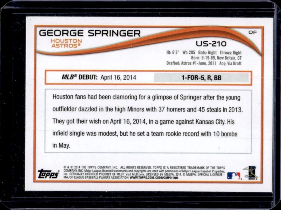 2014 Topps Update George Springer RC Rookie #US-210 Astros - Image 2 of 2