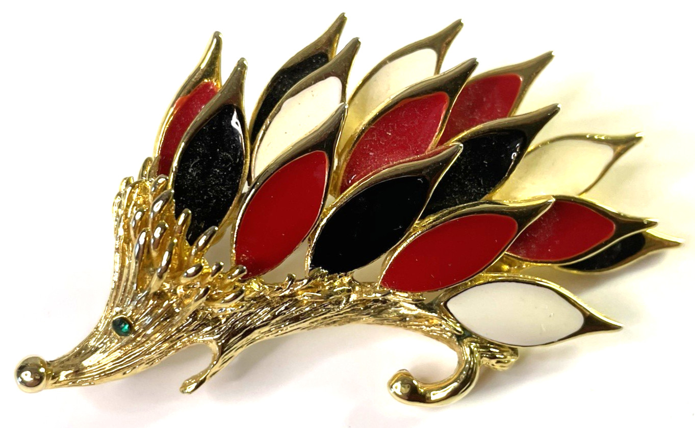 VTG Signed Orena Paris Hedgehog Brooch Pin Enamel Red Black Gold Tone Green Eye