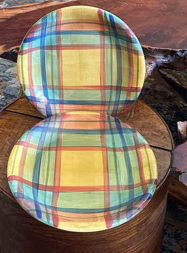 2 Vietri Madras 10 1/2” Multicolor Plaid Dinner Plates Made in Italy SEE DETAILS - Picture 2 of 8