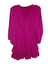 Vince Camuto Hot Barbie Pink Tiered V-Neck Dress Size XS Sheer Sleeve Chiffon