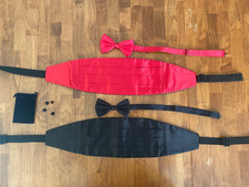 Set of Two Pure Silk Cummerbunds Bow Ties Black Red with Black Shirt Studs