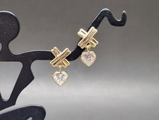 14K Solid Yellow Gold White Topaz Heart Criss Cross Dangle Earrings