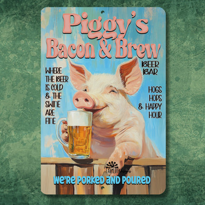 Pig Beer Bar Sign Piggy Bacon & Brew funny metal tin man cave decor wall art