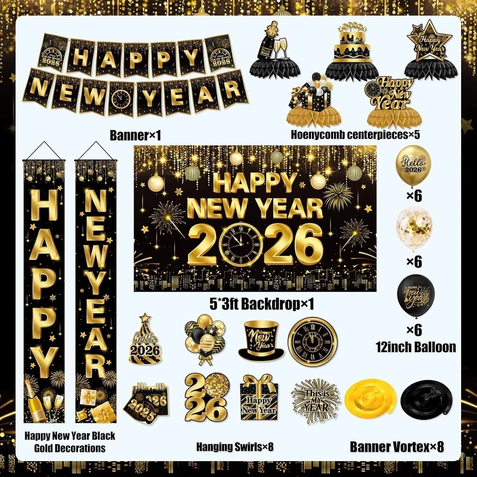 Decoraciones de Año Nuevo 2026, suministros de fiesta de feliz víspera negro y dorado Foto 3 de 4