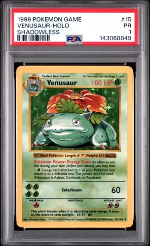 1999 POKEMON BASE SET SHADOWLESS #15 VENUSAUR-HOLO PSA 1