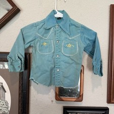 Vintage 70s RARE Blue Kids Mambro Embroidered Western Button Shirt Size Kids 5