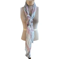 Land's End Metallic Fringe Accent Plaid Fall Scarf Lightweight Pink Grey 78 X 24