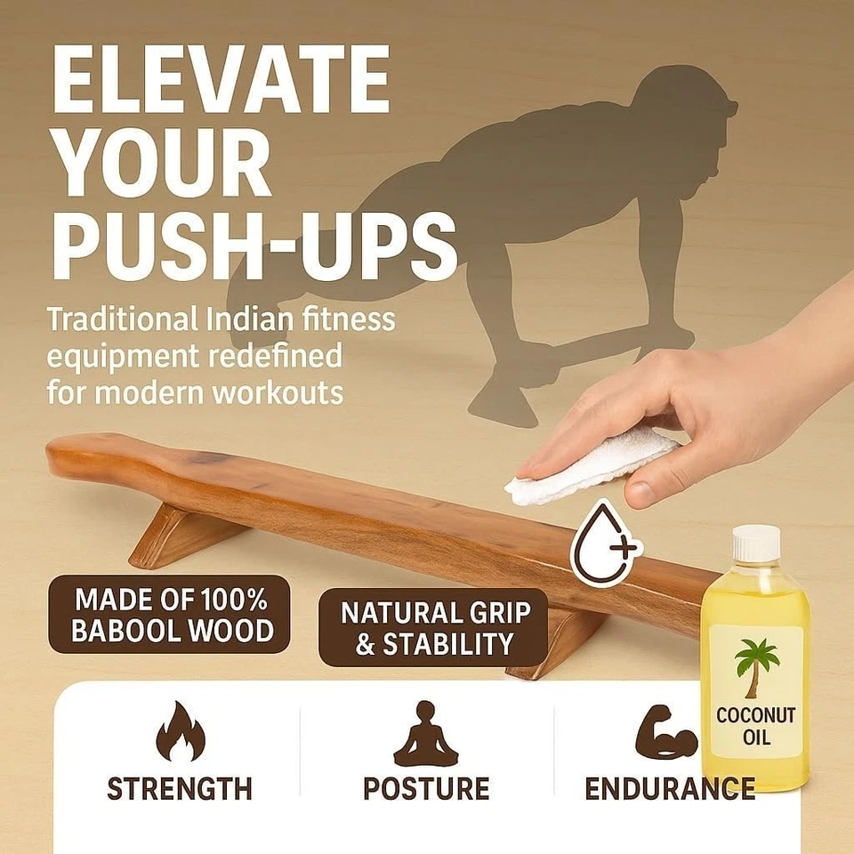 Barra push up de madera de 2,5 pies Indian Club Meel Karla Katai equipo de fitness Foto 3 de 4