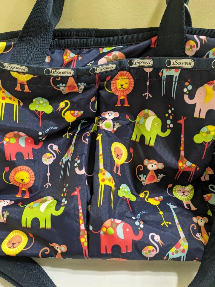 Lesportsac Large Baby Diaper Bag Safari Nylon Blue Lion Elephant Flamingo - Image 3 of 4