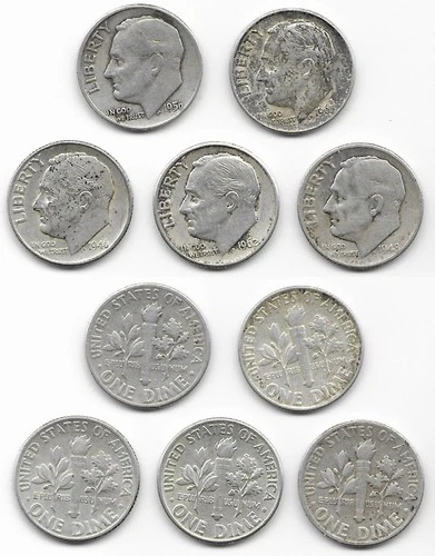 5 different Roosevelt dimes 10 cents 10c F fine 1946 1948 1956 1962 1963