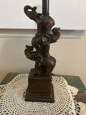 Vintage Bronzed Finish Stacked Elephant Table Lamp w/ Shade Trunks Up Good Luck