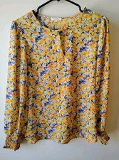 PLEIONE Yellow Blue Flower Women's Lightweight Long Sleeve Tunic Blouse S