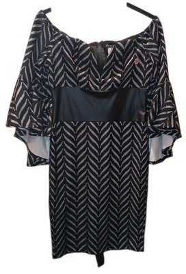 Venus Dress Women Sz 10 Medium Off The Shoulder Black Gray Striped Bell Sleeve 
