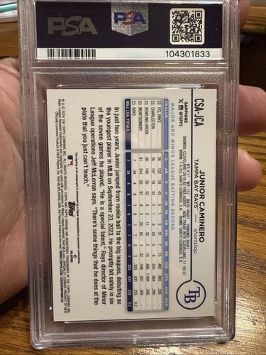 PSA 10 - 2024 Topps Chrome Update Sapphire Junior Caminero #CSA-JCA Auto/199 RC - Imagen 3 de 6