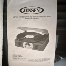 Jensen JTA-222 3-Speed Turntable AM/FM Stereo Radio Pitch Control Speaker