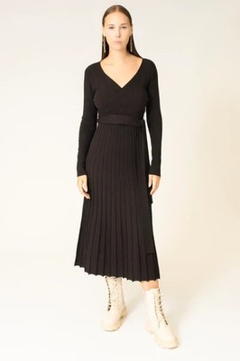 AREA STARS Riley Midi Dress Women's S Black Surplice Neck Belted Tie Waist L/S