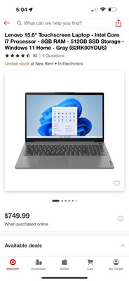 Lenovo 15.6'' Touchscreen Laptop - Intel Core i7 Processor - 8GB RAM - 512GB SSD