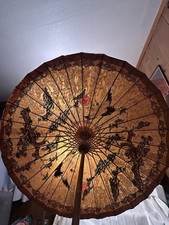 1950s Vintage Japanese umbrella, parasol made of bamboo, rice paper, and artwork