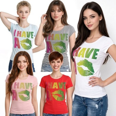 T-Shirt Print Schriftzug Mehrfarbig Strass Kurzarm 323