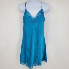 Victoria's Secret Gold Label Teal Y2K Satin Lace Trim Lingerie Slip Dress S