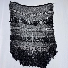 1920s Vintage European Black Beaded Mesh Fringe Capelet or Shawl Art Deco