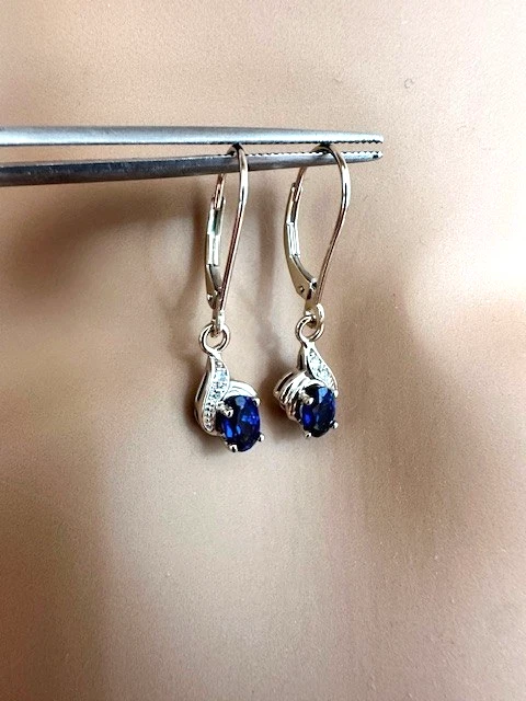 Estate 14K White Gold Sapphire Diamond Dangle Drop Earrings - Image 2 of 4