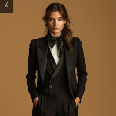 Black Three Piece Tuxedo suit with double breasted vest for women