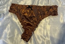 Bronze Copper Gold Satin Ruffle Thong Panties Sz Lg