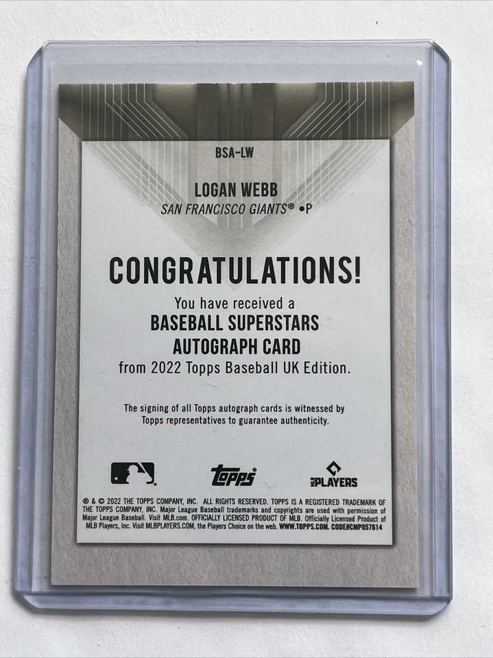 2022 Topps UK Edition Logan Webb SUPERSTARS AUTO Purple Parallel #/50 Giants SSP - Image 2 of 2